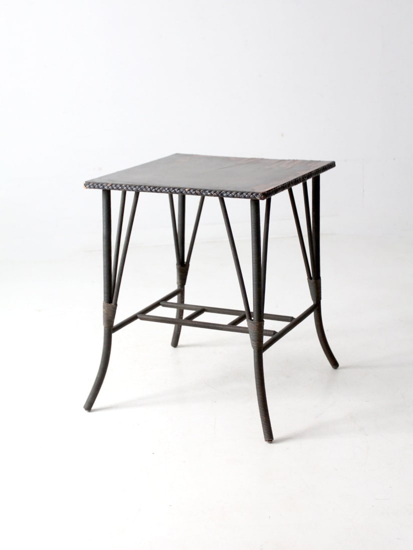 Antique Karpen Side Table with Woven Bentwood Legs: Antique Karpen Side Table with Woven Bentwood Legs This antique Karpen side table showcases a unique design characterized by woven bentwood legs in a deep olive brown tone and a rectangular veneer top
