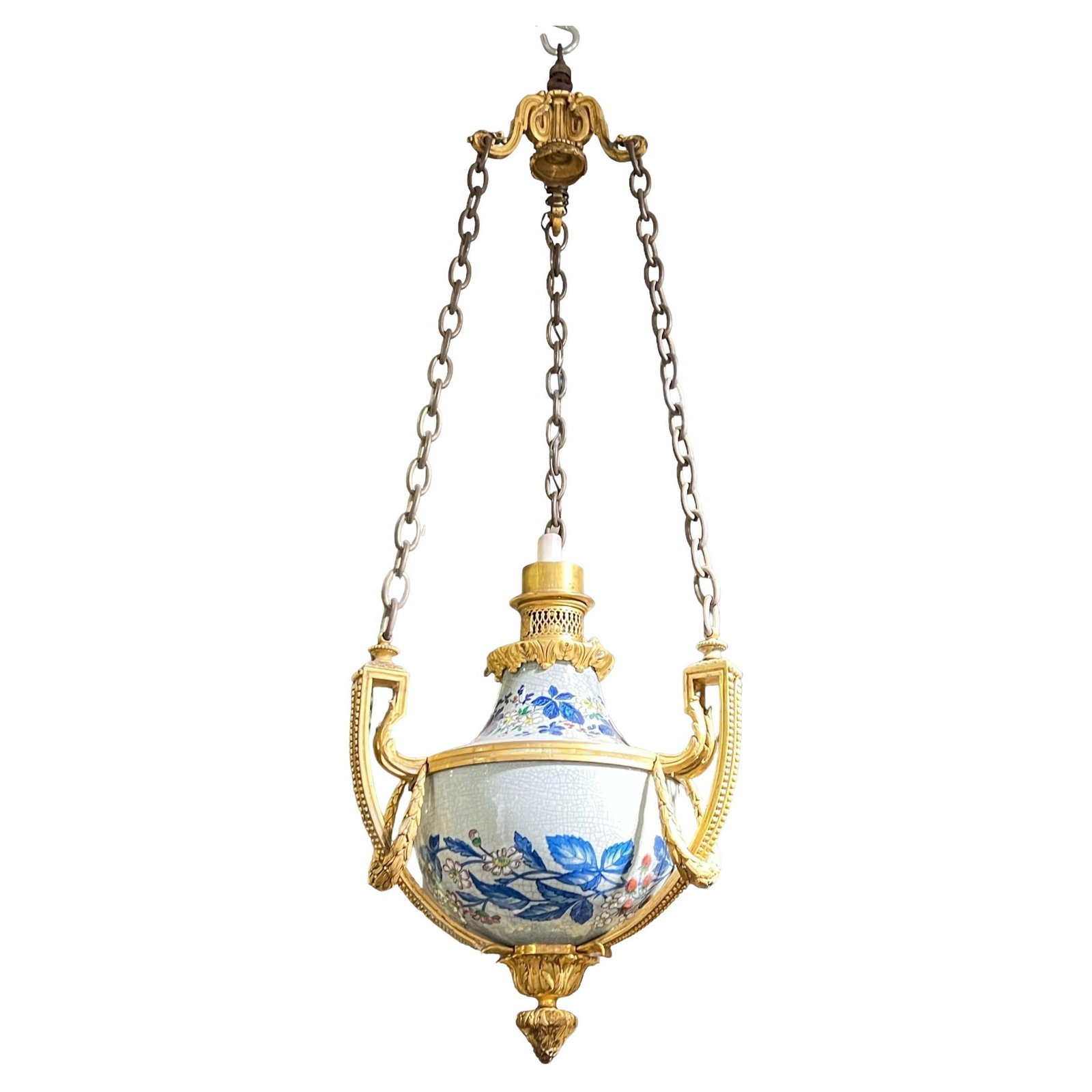 French Neoclassical Gagneau Bronze and Ceramic Hanging Oil Lamp c1880: French Neoclassical Gagneau Bronze and Ceramic Hanging Oil Lamp c1880 This unique late 19th century French hanging oil lamp was crafted by Gagneau and Company of Paris. The urn-shaped body is made fro