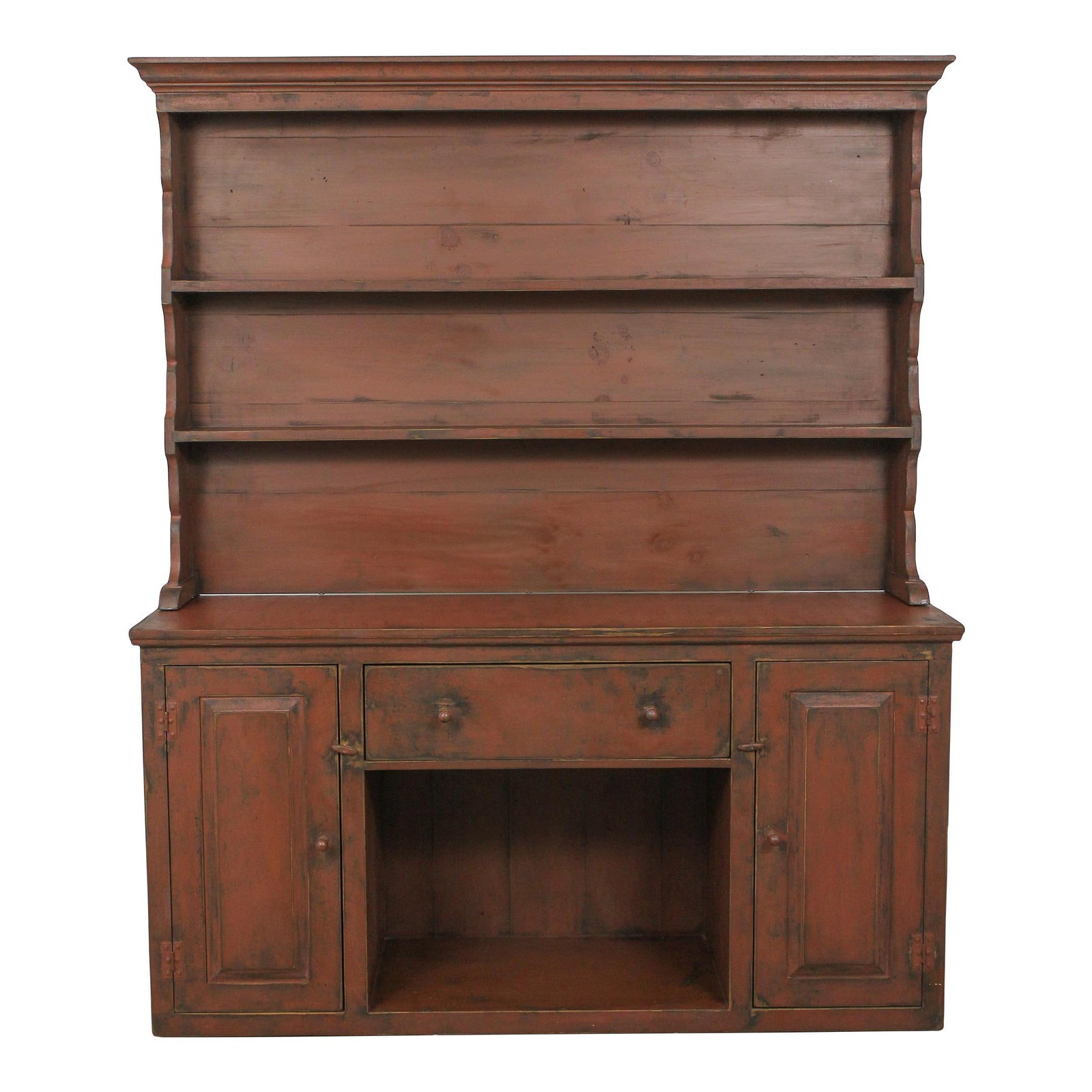 Rustic Country Red Painted Pewter Cabinet with Distressed Finish: Rustic Country Red Painted Pewter Cabinet with Distressed Finish This impressive Primitive Country Painted Bench Made Pewter Cabinet showcases a timeless design with a striking country red finish. Cra