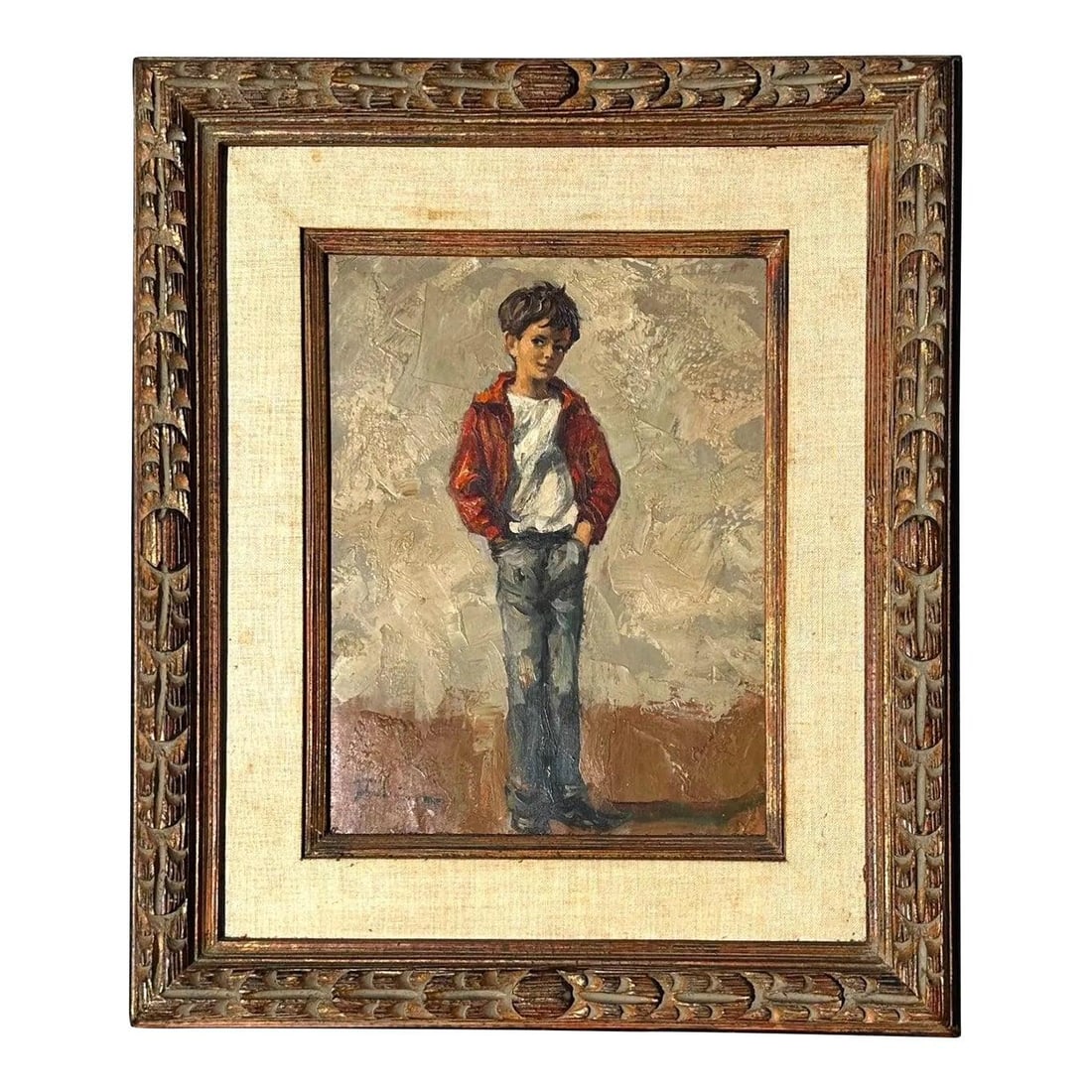 Framed Oil Canvas Portrait Painting of Young Man Mid Century Boho Art: Framed Oil Canvas Portrait Painting of Young Man Mid Century Boho Art This mid-20th century vintage figural oil painting depicts a young man in a contemplative, relaxed pose. The original artwork show