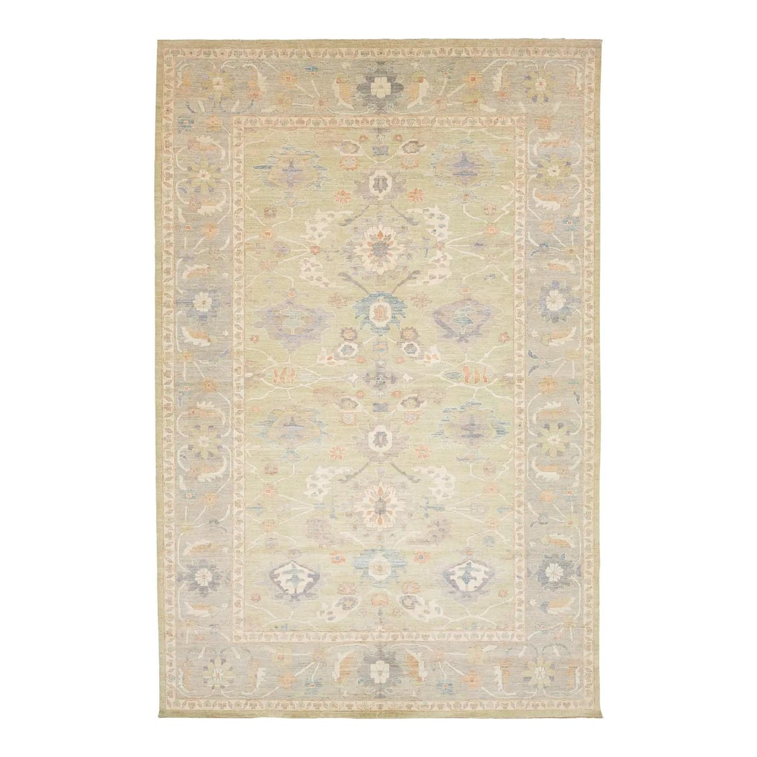 Hand-Knotted Wool Oushak Style Rug in Sage and Pastel Tones 12'3 x 18'8: Hand-Knotted Wool Oushak Style Rug in Sage and Pastel Tones 12'3 x 18'8 This Modern Oushak Style area rug features a hand-knotted construction from 100% wool, showcasing a sage green field adorned wit