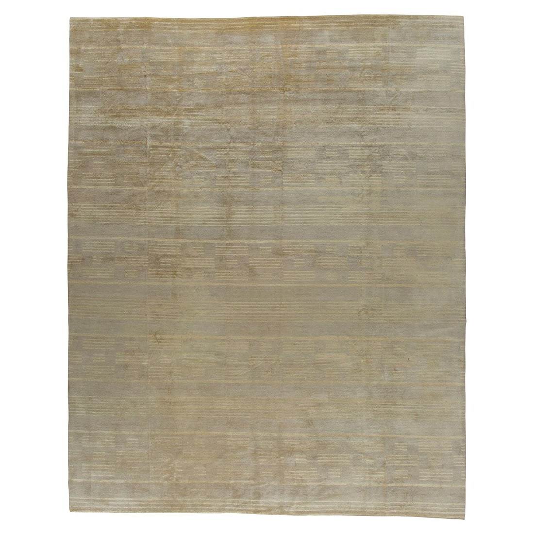 Modern Tibetan Hand-Knotted Wool Silk Rug 1996 11'9 x 14'10: Modern Tibetan Hand-Knotted Wool Silk Rug 1996 11'9 x 14'10 This exquisite wool and silk Tibetan rug showcases a stunning post-modern design, featuring warm brown and gold hues that add elegance to an