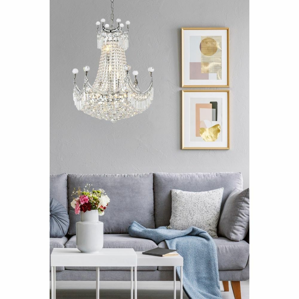 Corona 9 Light Chrome Crystal Empire Chandelier 28 Inch: Corona 9 Light Chrome Crystal Empire Chandelier 28 Inch This pre-owned modern crystal chandelier features a polished chrome finish and an elegant empire shape, ideal for enhancing dining rooms, living