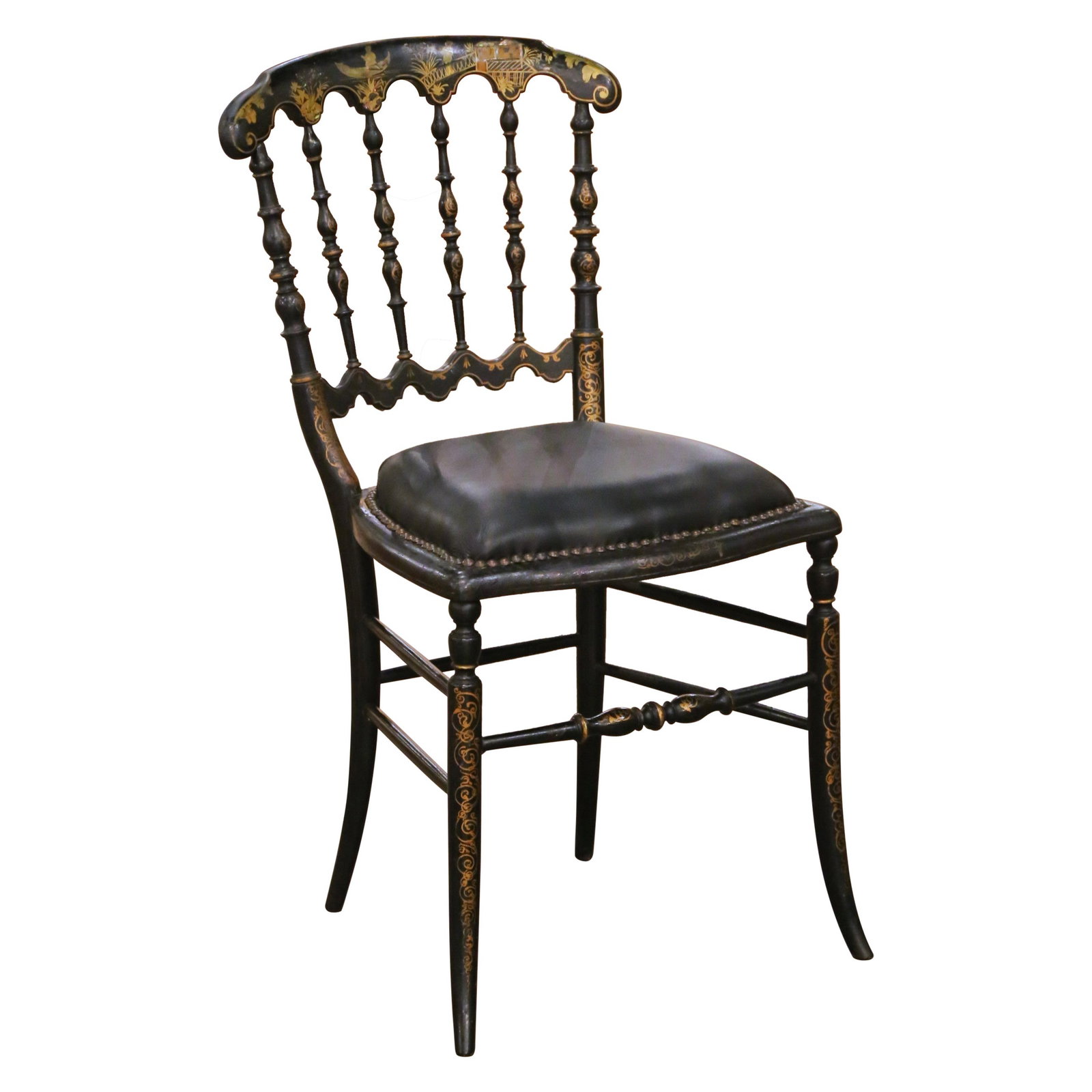 French Napoleon III Ebonized Chair with Gilt Chinoiserie and Leather Upholstery: French Napoleon III Ebonized Chair with Gilt Chinoiserie and Leather Upholstery This antique French side chair was crafted in the Napoleon III style around 1880. Featuring a deep black ebonized wood f