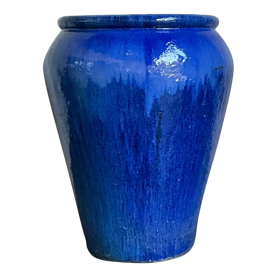 Large Cobalt Blue Ceramic Planter Urn with High-Gloss Drip Glaze 38" Tall: Large Cobalt Blue Ceramic Planter Urn with High-Gloss Drip Glaze 38" Tall This large vintage ceramic urn features a bold, classic silhouette and a vibrant cobalt blue high-gloss drip glaze. The finish