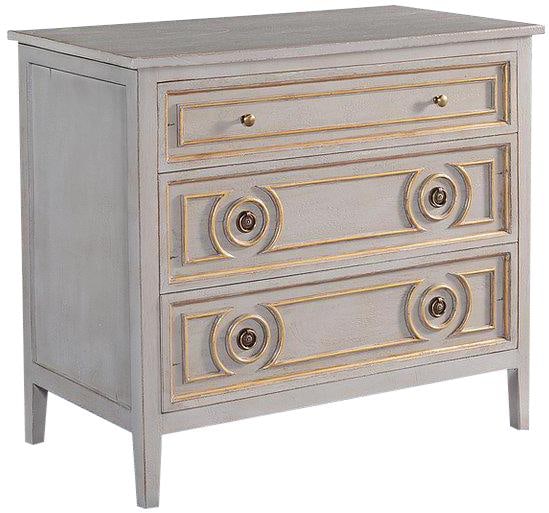 Huntington Pewter Gray Chest of Drawers with Gold Accents: Huntington Pewter Gray Chest of Drawers with Gold Accents Introducing a stunning Elegant Pewter Gray Chest with Gold Highlights, designed in Old World style. This chest of drawers offers a sophisticat