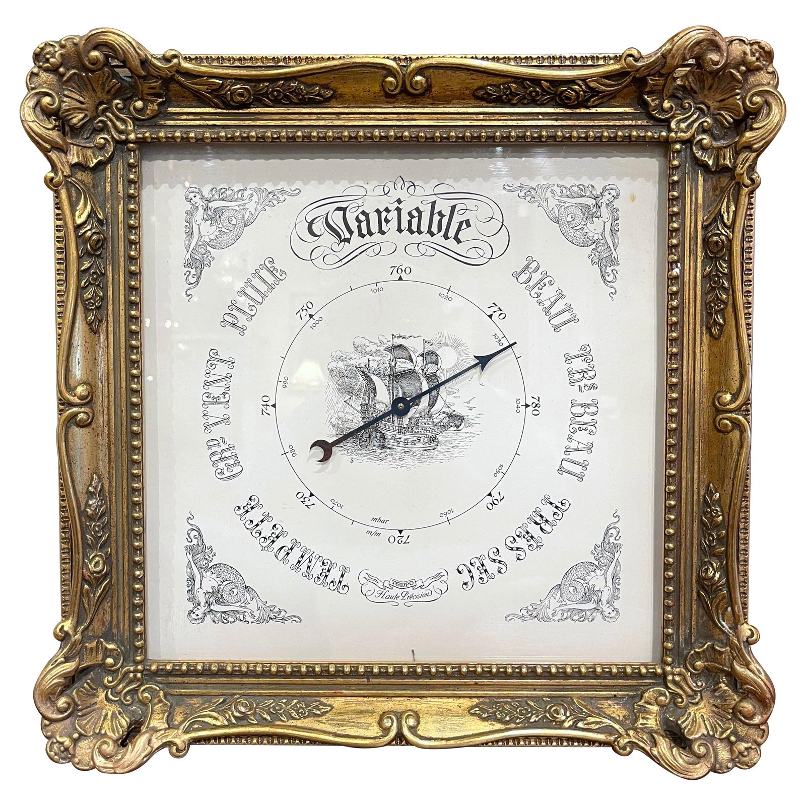 French Rococo Revival Giltwood Barometer Louis XV Style Circa 1960: French Rococo Revival Giltwood Barometer Louis XV Style Circa 1960 This elegant mid-century French wall barometer is crafted in the Louis XV style and dates to circa 1960. Hand-carved from giltwood wi