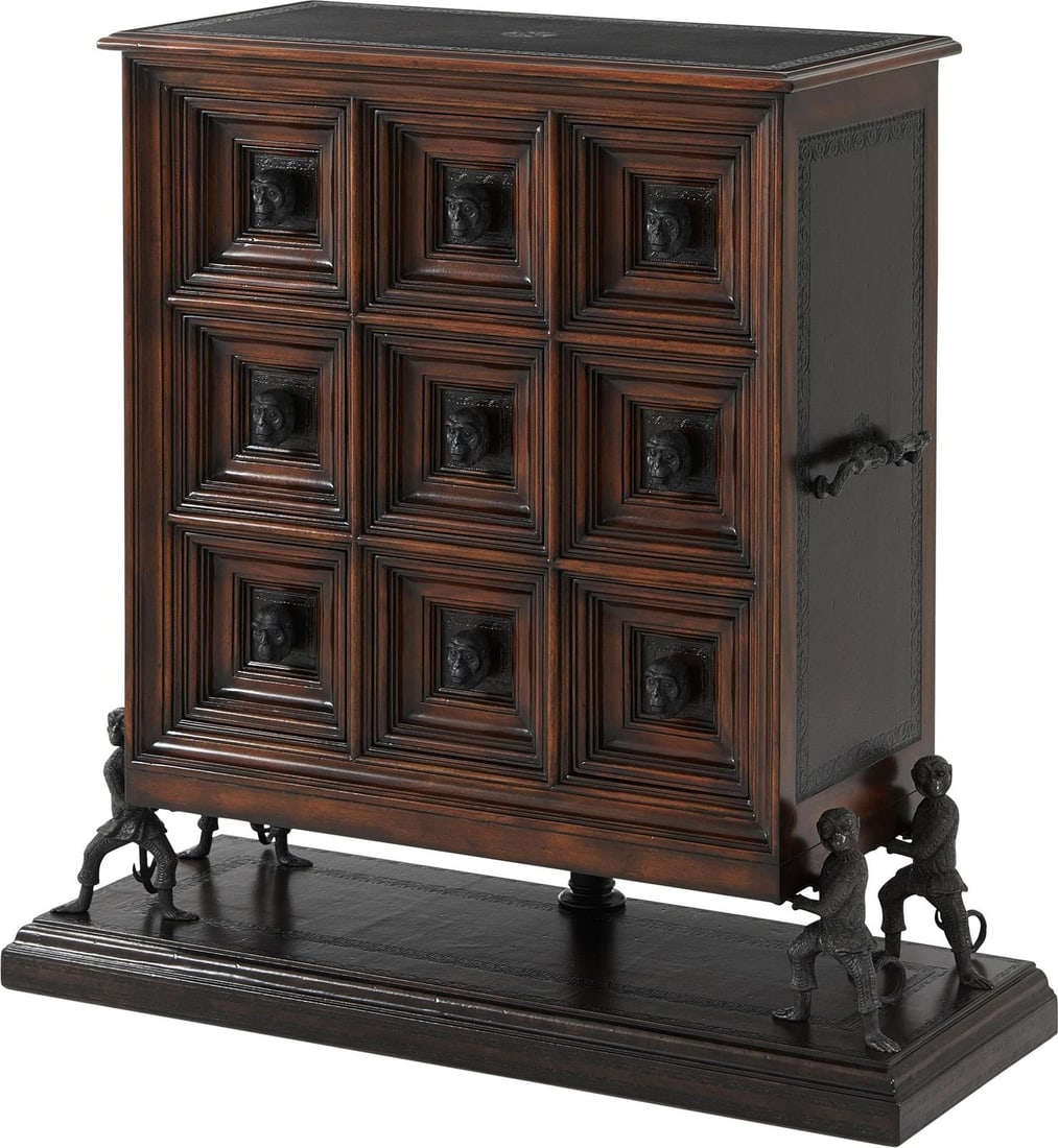 Theodore Alexander Italian Style Storage Chest with Monkey Handles: Theodore Alexander Italian Style Storage Chest with Monkey Handles This unique storage chest features a stunning antique-style design inspired by Italian craftsmanship. Constructed from durable acacia