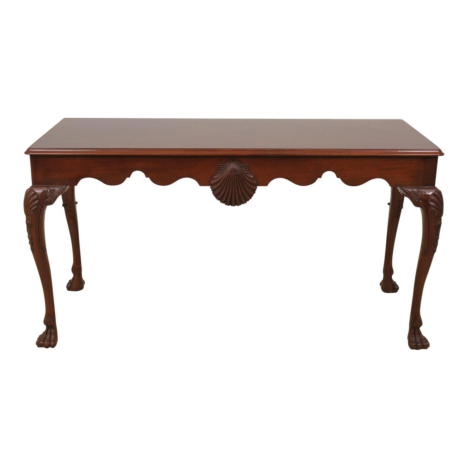 Kindel Irish Georgian Mahogany Desk Table with Carved Paw Feet: Kindel Irish Georgian Mahogany Desk Table with Carved Paw Feet This exquisite Kindel Irish Georgian Masterworks Library Desk Table is crafted from rich reddish mahogany, showcasing a stunning preserva