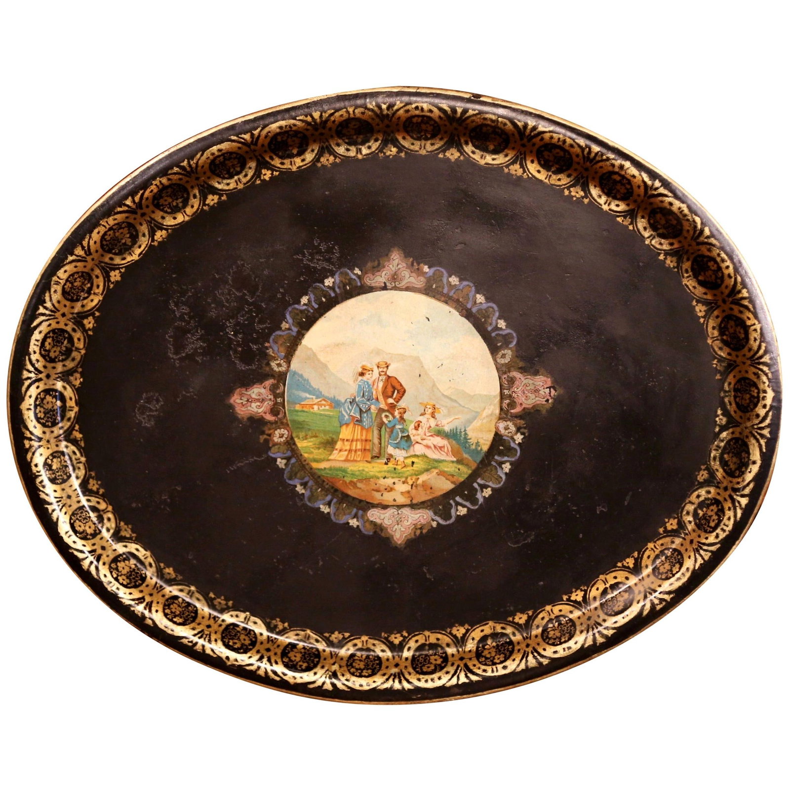 French Napoleon III Oval Tole Tray Hand Painted Gilt Border (1 of 5)