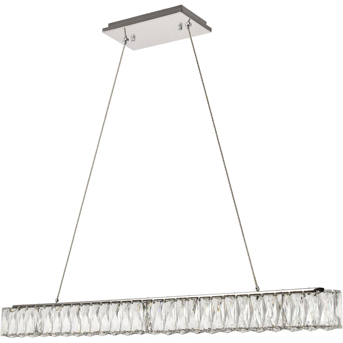 Monroe Crystal LED Chandelier 38 inch Chrome Finish: Monroe Crystal LED Chandelier 38 inch Chrome Finish This modern crystal chandelier features a sleek chrome finish and royal cut clear crystals, designed to enhance spaces such as kitchen islands, dini