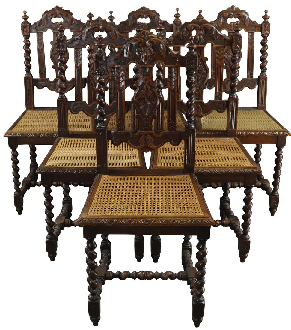 Set of 6 Antique Oak Dining Chairs Hunting Style Cane Seats: Set of 6 Antique Oak Dining Chairs Hunting Style Cane Seats This set of six antique cane seat dining chairs, dating back to 1890, showcases a classic Hunting Style design crafted from solid oak. Each 