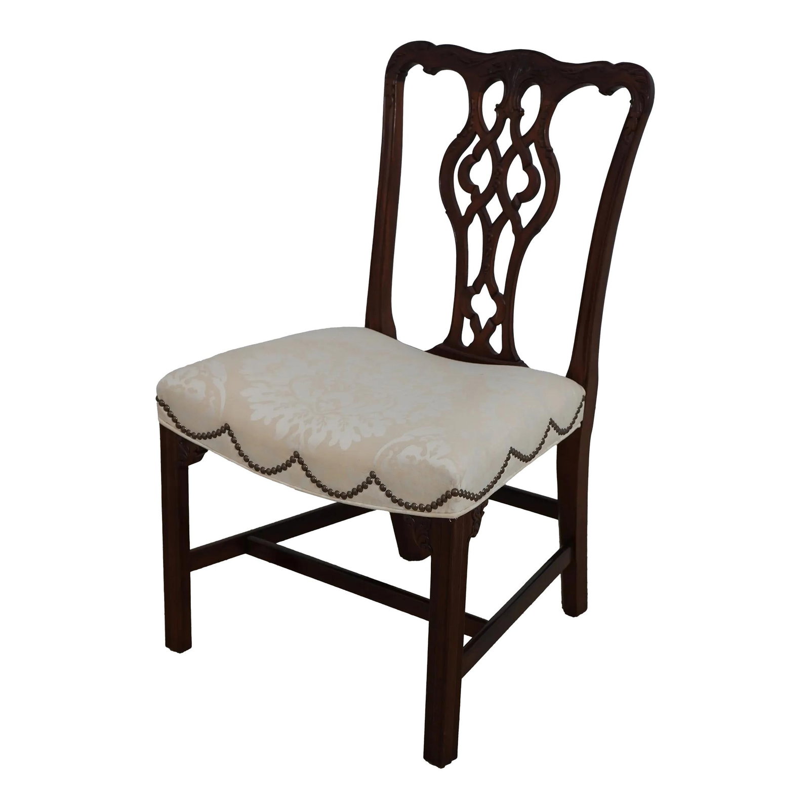 Baker Chippendale Style Carved Mahogany Side Chair with Drape Trim: Baker Chippendale Style Carved Mahogany Side Chair with Drape Trim This stunning Baker Chippendale Style Carved Mahogany Side Chair features fine carved details and high-quality construction, reflecti