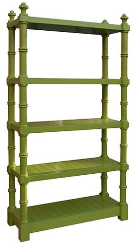 Trade Winds Apple Green Mahogany Etagere with Bamboo Design: Trade Winds Apple Green Mahogany Etagere with Bamboo Design Introducing a stunning Apple Green Mahogany Etagere, designed with elegant bamboo detailing. This impressive piece stands at 77 inches tall,