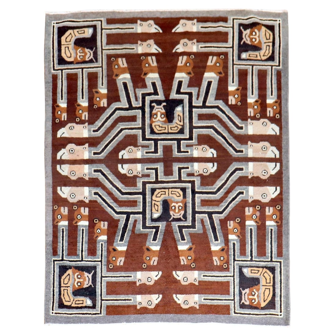 1920s Indonesian Hand-Knotted Wool Pictorial Square Head Rug: 1920s Indonesian Hand-Knotted Wool Pictorial Square Head Rug Discover a unique Indonesian pictorial square head rug from the early 20th century, crafted in the 1900s. This stunning piece features intr