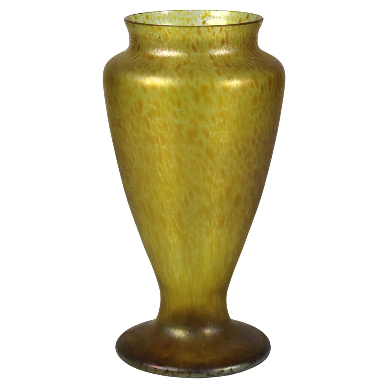 Loetz Art Glass Oil Spot Vase C1930 Iridescent 12.5in: Loetz Art Glass Oil Spot Vase C1930 Iridescent 12.5in This exquisite antique art glass vase, inspired by the renowned Loetz style, features the iconic 'Oil Spot' pattern, a signature of the esteemed g
