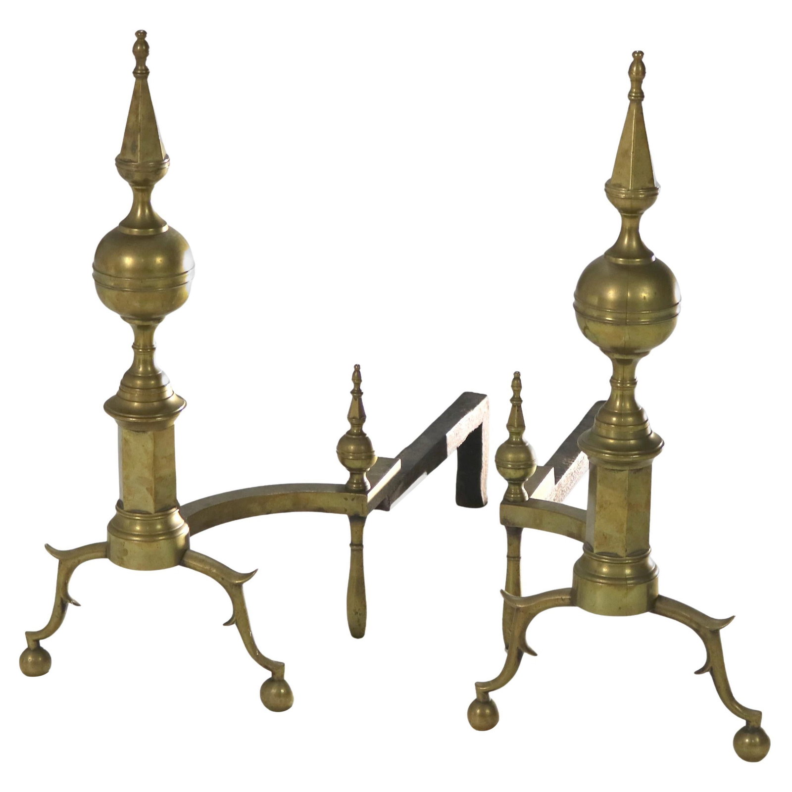 Set of 2 Federal Style Brass Lemon Top Andirons Circa 1810: Set of 2 Federal Style Brass Lemon Top Andirons Circa 1810 This pair of antique Federal andirons features lemon-shaped brass tops and sturdy wrought iron construction. Dating to around 1810, these ear
