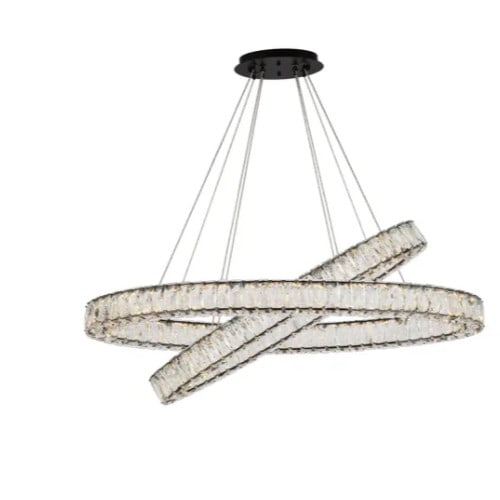 Monroe Black Oval LED Crystal Chandelier 40 inch 18 inch: Monroe Black Oval LED Crystal Chandelier 40 inch 18 inch This modern oval chandelier features a striking black finish with two tiers of stainless steel rings adorned with royal-cut clear crystals. Des