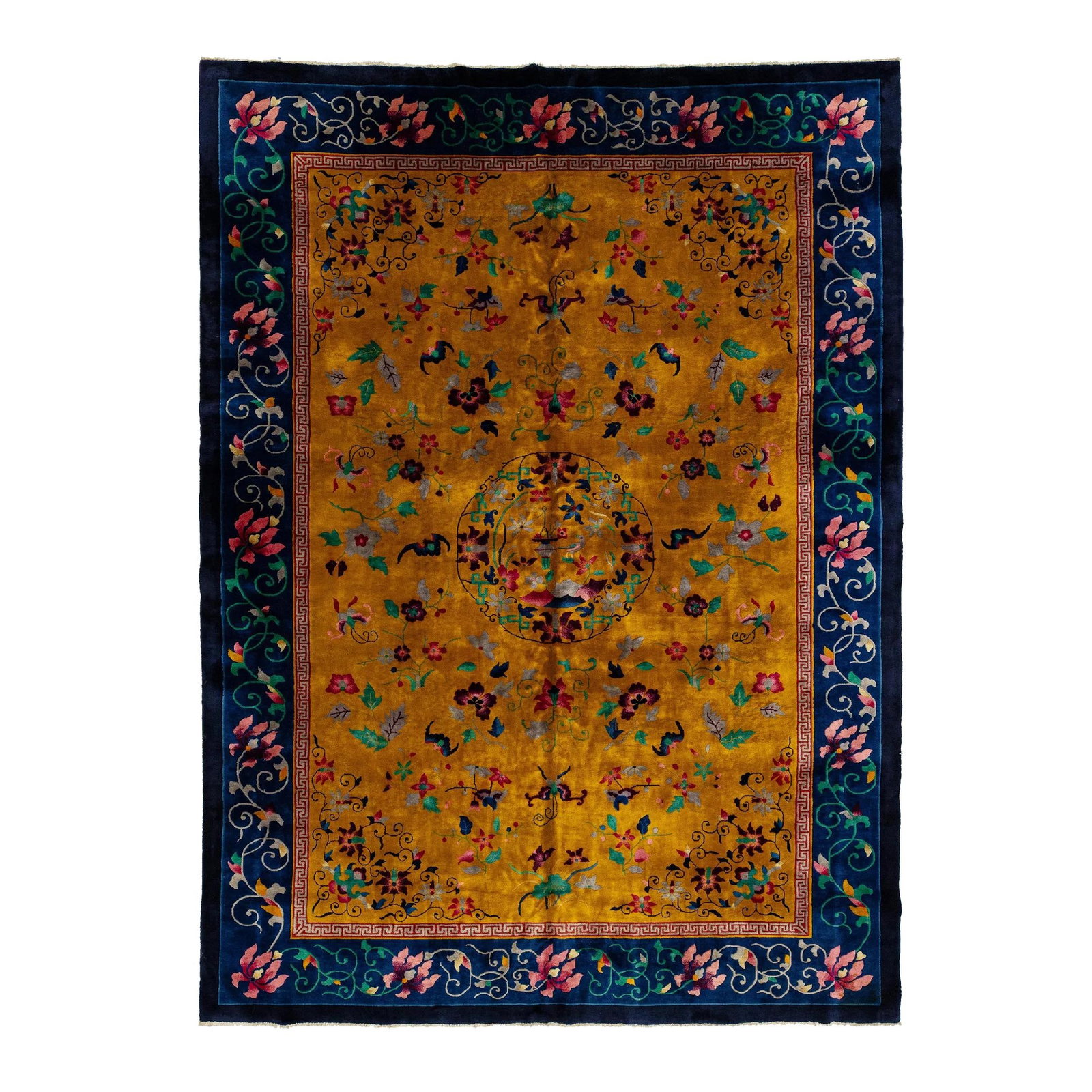 1920s Antique Peking Chinese Floral Wool Rug Goldenrod 9'10 x 13'4: 1920s Antique Peking Chinese Floral Wool Rug Goldenrod 9'10 x 13'4 Discover the elegance of this luxurious antique Peking Chinese hand-knotted wool rug, featuring a stunning goldenrod color field. The