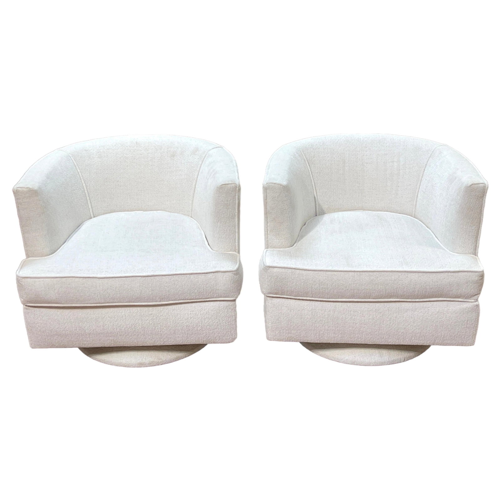 Set of 2 Mid-Century Modern Swivel Chairs in Kravet White Boucle Fabric (1 of 7)