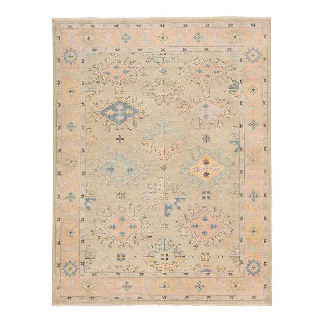 9'2 x 12' Beige Wool Contemporary Oushak Floral Rug: 9'2 x 12' Beige Wool Contemporary Oushak Floral Rug Enhance your living space with this stunning contemporary Oushak-style wool rug, designed to harmoniously blend modern aesthetics with traditional c