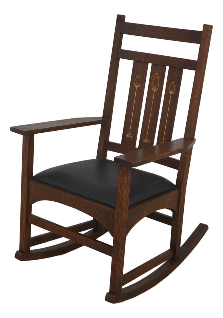 Harvey Ellis Oak Rocking Chair with Black Leather Seat (1 of 10)