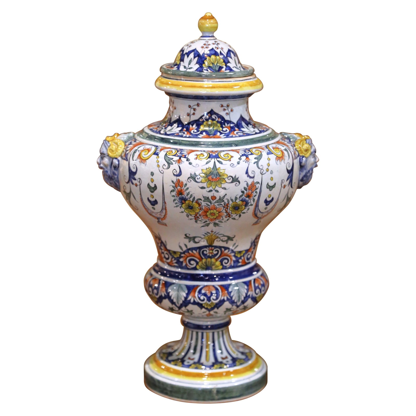 French Rouen Revival Faience Urn with Ram Head Motifs Circa 1880 (1 of 11)