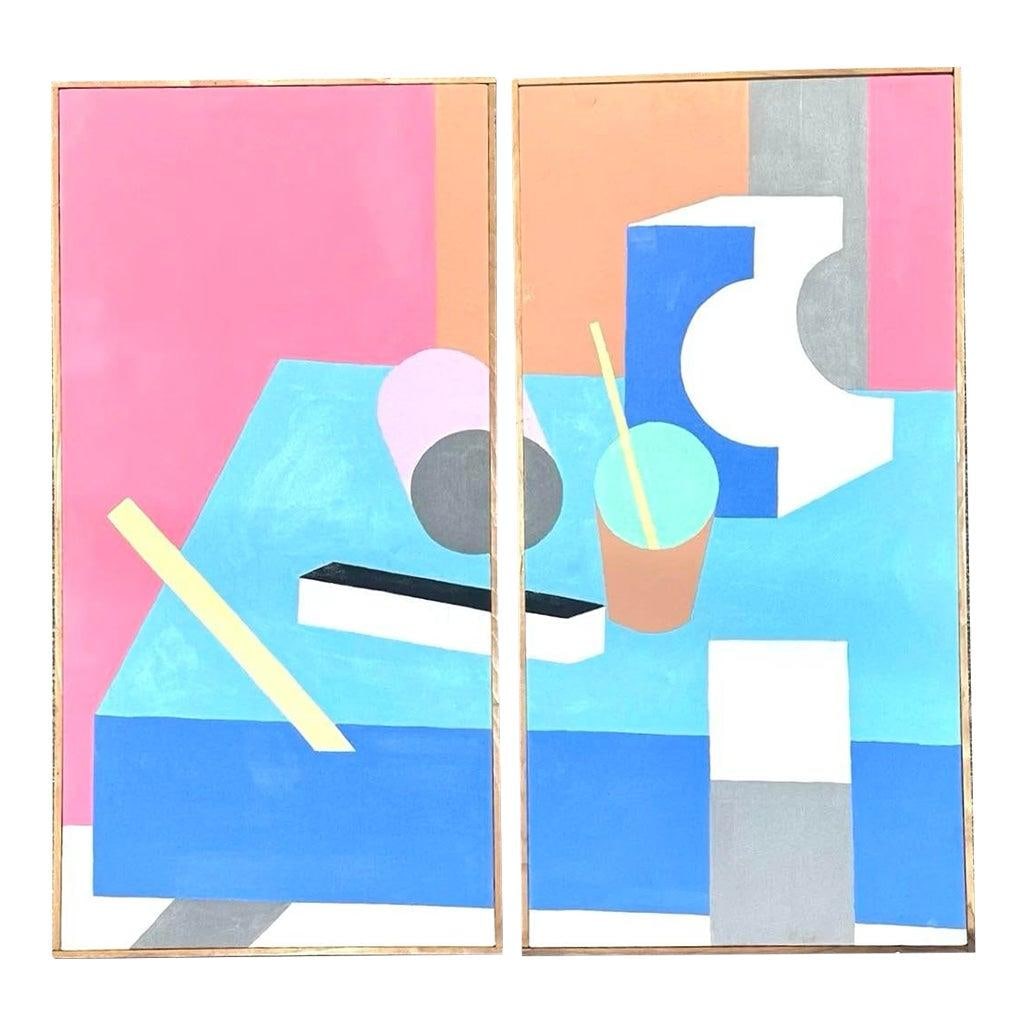 Pair of Geometric Abstract Still Life Oil Paintings on Canvas: Pair of Geometric Abstract Still Life Oil Paintings on Canvas This set includes two vintage geometric abstract still life oil paintings on canvas, each featuring bold shapes, clean lines, and a vibran