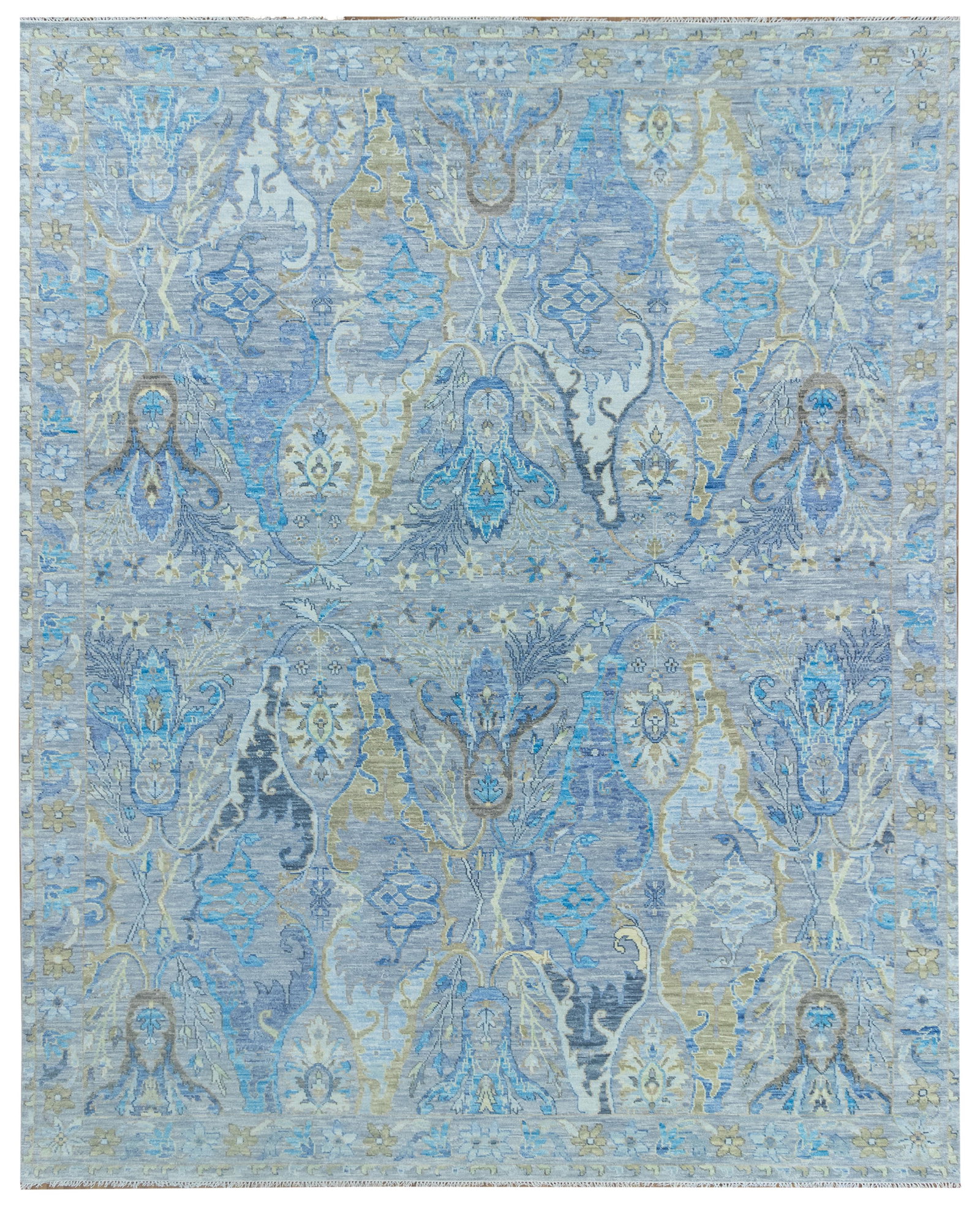 Quality Designer Wool Oushak Rug 11.11 x 15.0 Blue Gray Hand-Knotted: Quality Designer Wool Oushak Rug 11.11 x 15.0 Blue Gray Hand-Knotted Free continental US Shipping Discover the luxurious 12' x 15' Quality Designer Brand Wool Oushak Handmade Rug in Blue Gray, a stunn