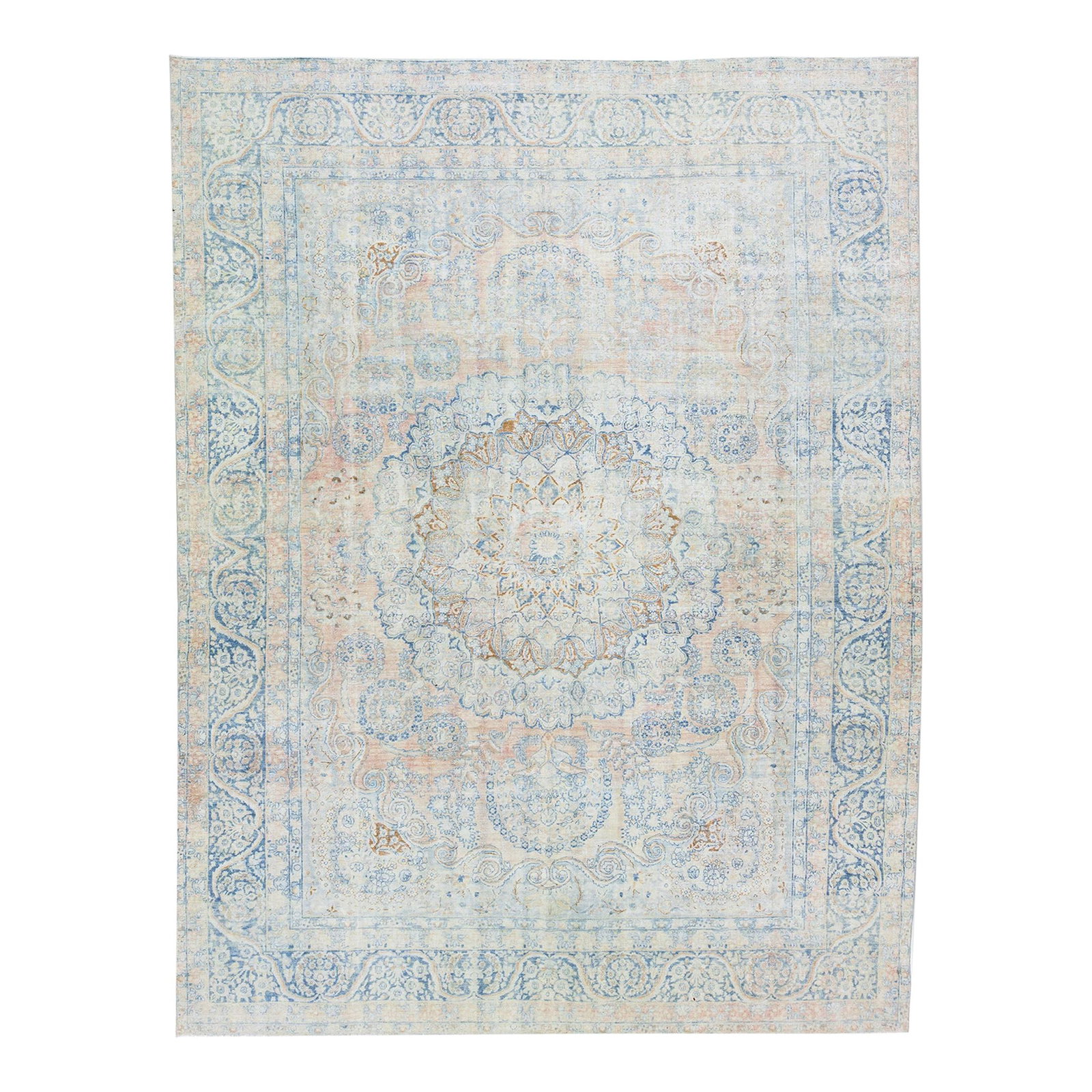 Antique Mahal Handmade Wool Rug 10'2 x 14'5 Peach Rosette Design: Antique Mahal Handmade Wool Rug 10'2 x 14'5 Peach Rosette Design This exquisite Antique Persian Mahal rug features a stunning peach field adorned with an intricate all-over rosette design in blue and 