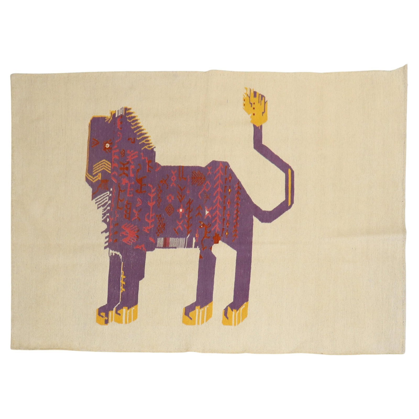 Bohemian Lion Persian Kilim Wool Wall Decor 53 x 77 in: Bohemian Lion Persian Kilim Wool Wall Decor 53 x 77 in This beautiful Lion Persian Kilim features a striking purple lion design on an ivory ground, making it a unique accent piece for any space. Measu