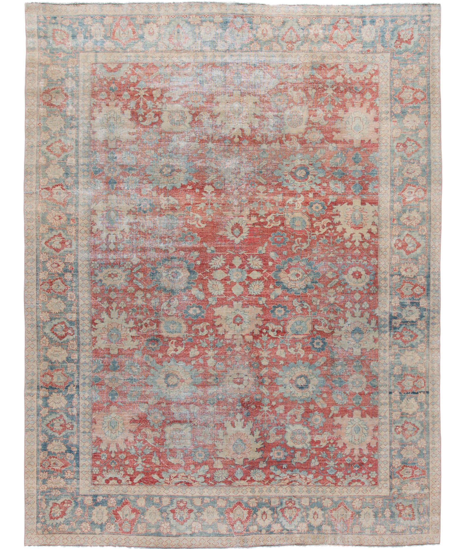 Antique Mahal Hand-Knotted Red Wool Rug 9'10 x 13 Floral Design: Antique Mahal Hand-Knotted Red Wool Rug 9'10 x 13 Floral Design This exquisite antique Mahal hand-knotted wool rug features a striking red field, beautifully complemented by a blue frame and delicate 