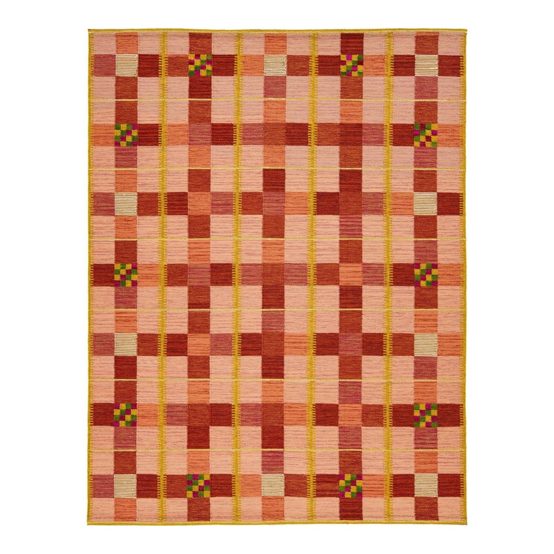 9x12 Modern Swedish Wool Rug Orange Geometric Pattern: 9x12 Modern Swedish Wool Rug Orange Geometric Pattern This stunning Modern Swedish Style flat-weave wool rug showcases a dynamic geometric design. It features a rhythmic grid of warm reds, pinks, and 