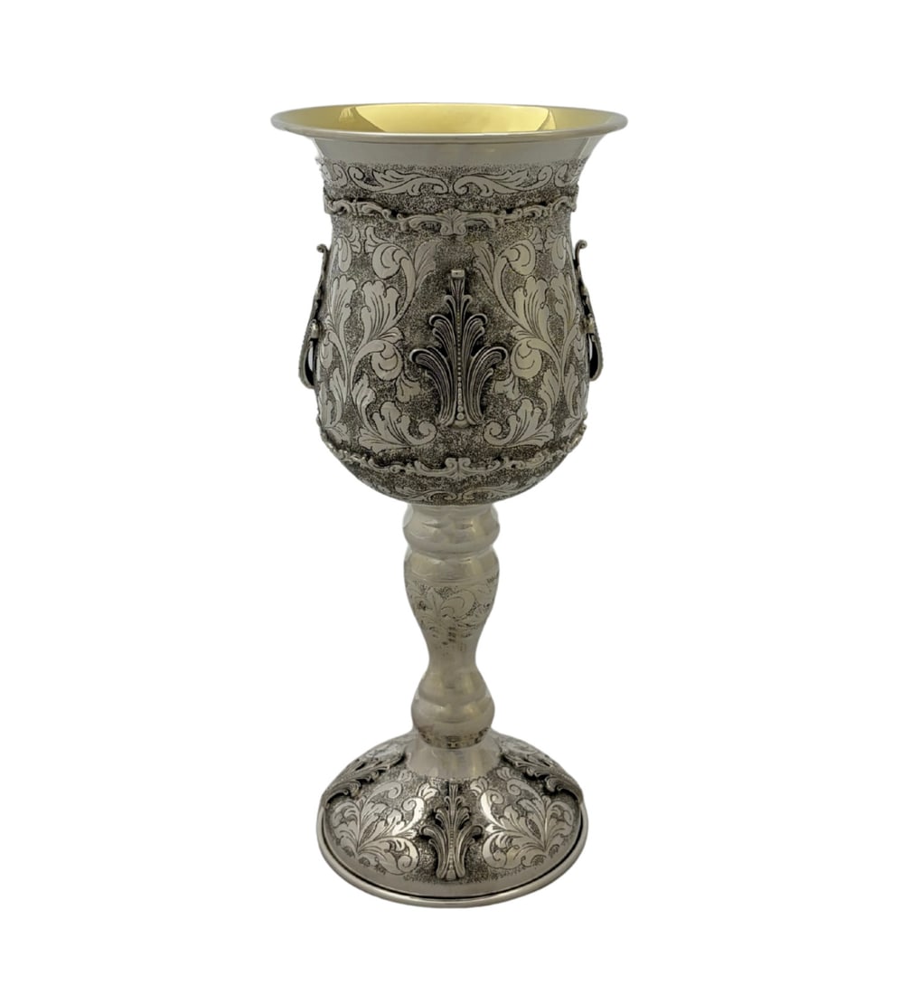 925 Sterling Silver Gilded Eliyahu Cup Leaf Applique Ornate Swirl 10.50 Inch (1 of 4)