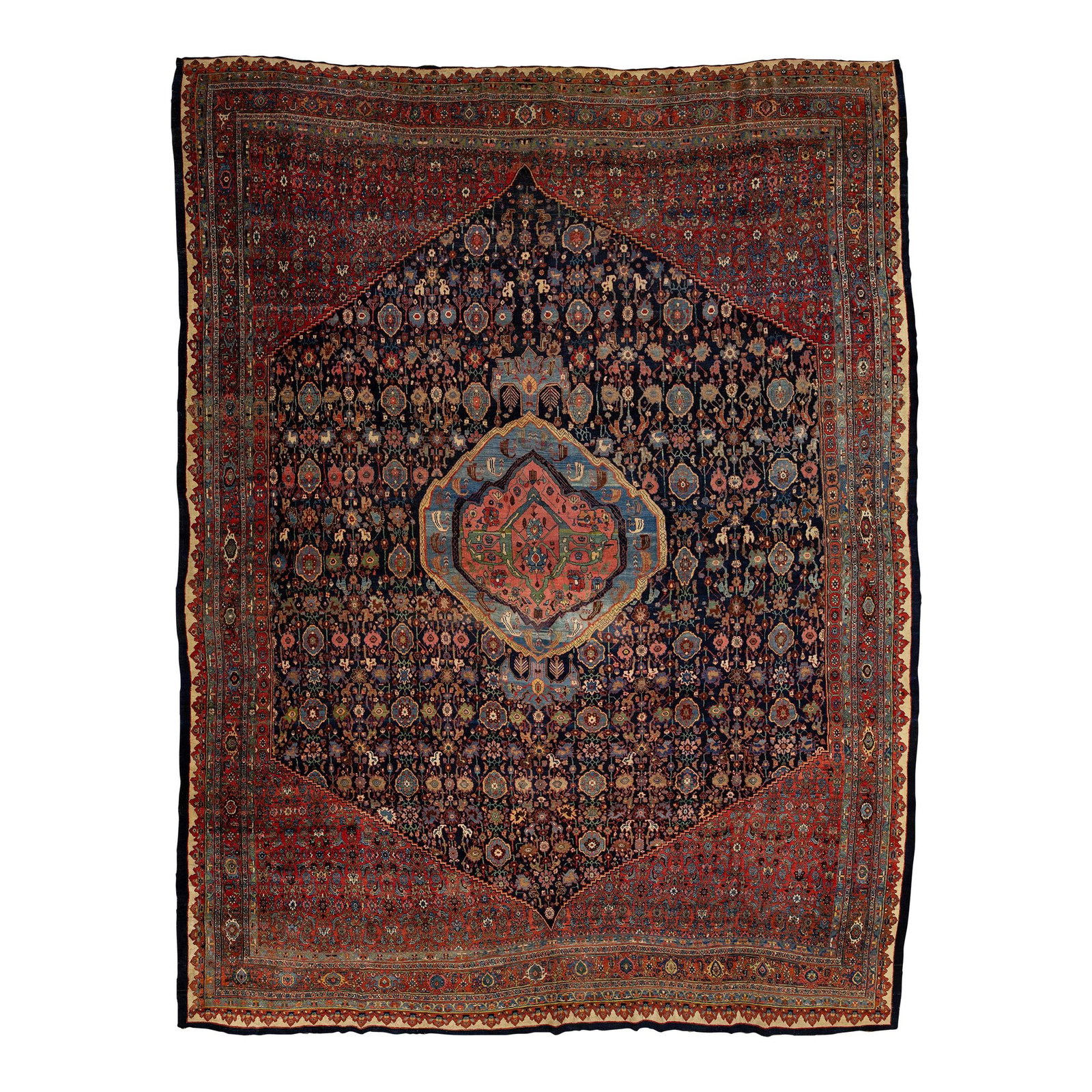 Antique Bidjar Wool Rug Oversized 15'4 x 20'1 in Navy Blue and Red: Antique Bidjar Wool Rug Oversized 15'4 x 20'1 in Navy Blue and Red Discover the elegance of this Antique Bidjar hand-knotted wool rug, showcasing a stunning navy blue field complemented by a vibrant r