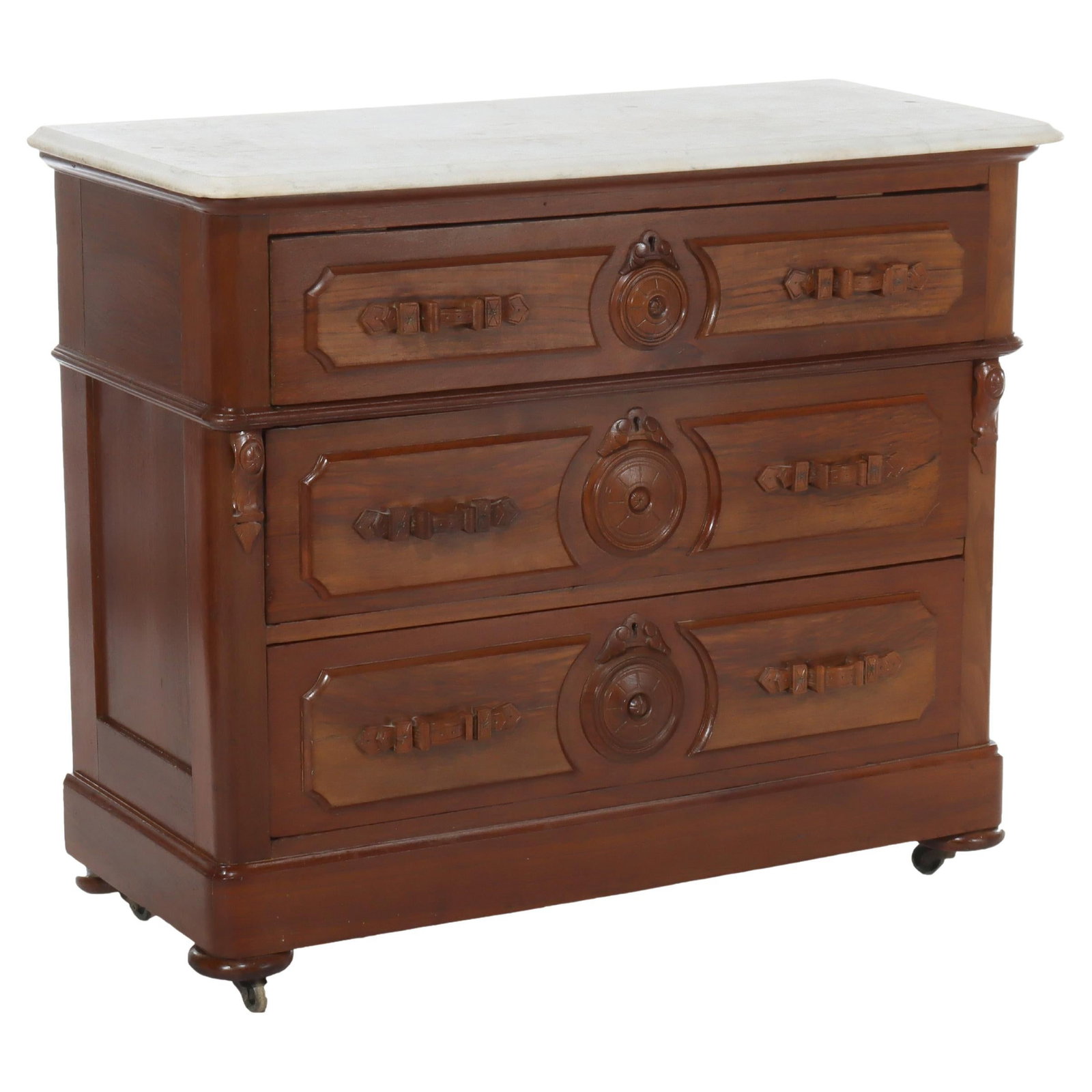Antique Walnut Chest c1890 with Marble Top and Carved Medallions: Antique Walnut Chest c1890 with Marble Top and Carved Medallions This exquisite antique walnut chest, crafted circa 1890, showcases a stunning marble top complemented by three spacious drawers. Each d