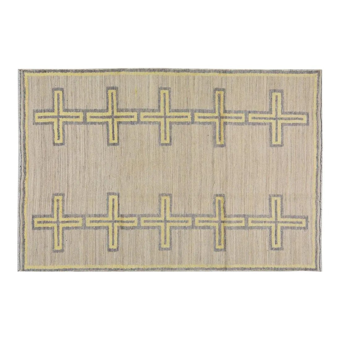 6' x 9'3" Wool Area Rug with Abstract Moroccan Azilal Design: 6' x 9'3" Wool Area Rug with Abstract Moroccan Azilal Design This Moroccan Azilal rug features a hand-knotted wool construction with an abstract design in tan tones. It is crafted in a traditional sty