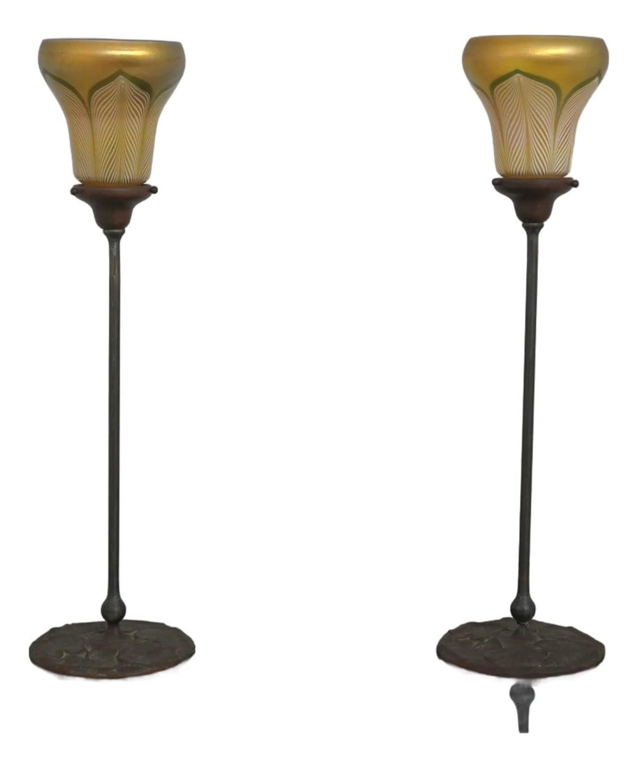 Tiffany Studios Bronze Candle Holders Pair with Art Glass Shades (1 of 10)