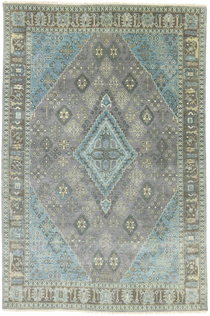 Handmade Tribal Geometric Wool Rug 6'0 x 9'1 for Farmhouse Decor: Handmade Tribal Geometric Wool Rug 6'0 x 9'1 for Farmhouse Decor Enhance your living space with this stunning Handmade Tribal Geometric Oriental Rug, perfect for farmhouse decor. This area rug, measur