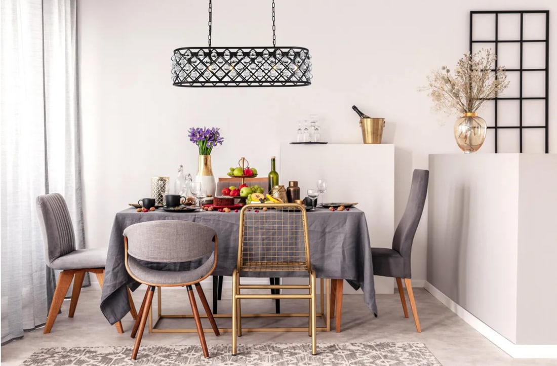Madison 6 Light Matte Black Crystal Chandelier 40 Inch: Madison 6 Light Matte Black Crystal Chandelier 40 Inch This modern crystal chandelier features a matte black finish and a rectangular frame, designed to enhance dining rooms, kitchen islands, living r
