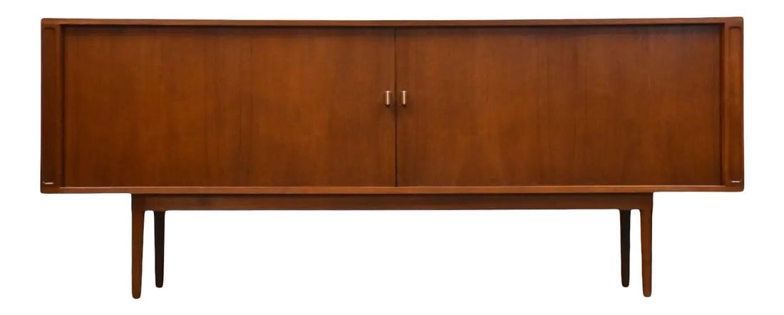 Jens Quistgaard Danish Modern Teak Credenza with Aluminum Details: Jens Quistgaard Danish Modern Teak Credenza with Aluminum Details This exquisite mid-century modern teak credenza, designed by Jens Quistgaard for Peter Nielsen Lovig, features two tambour doors adorn