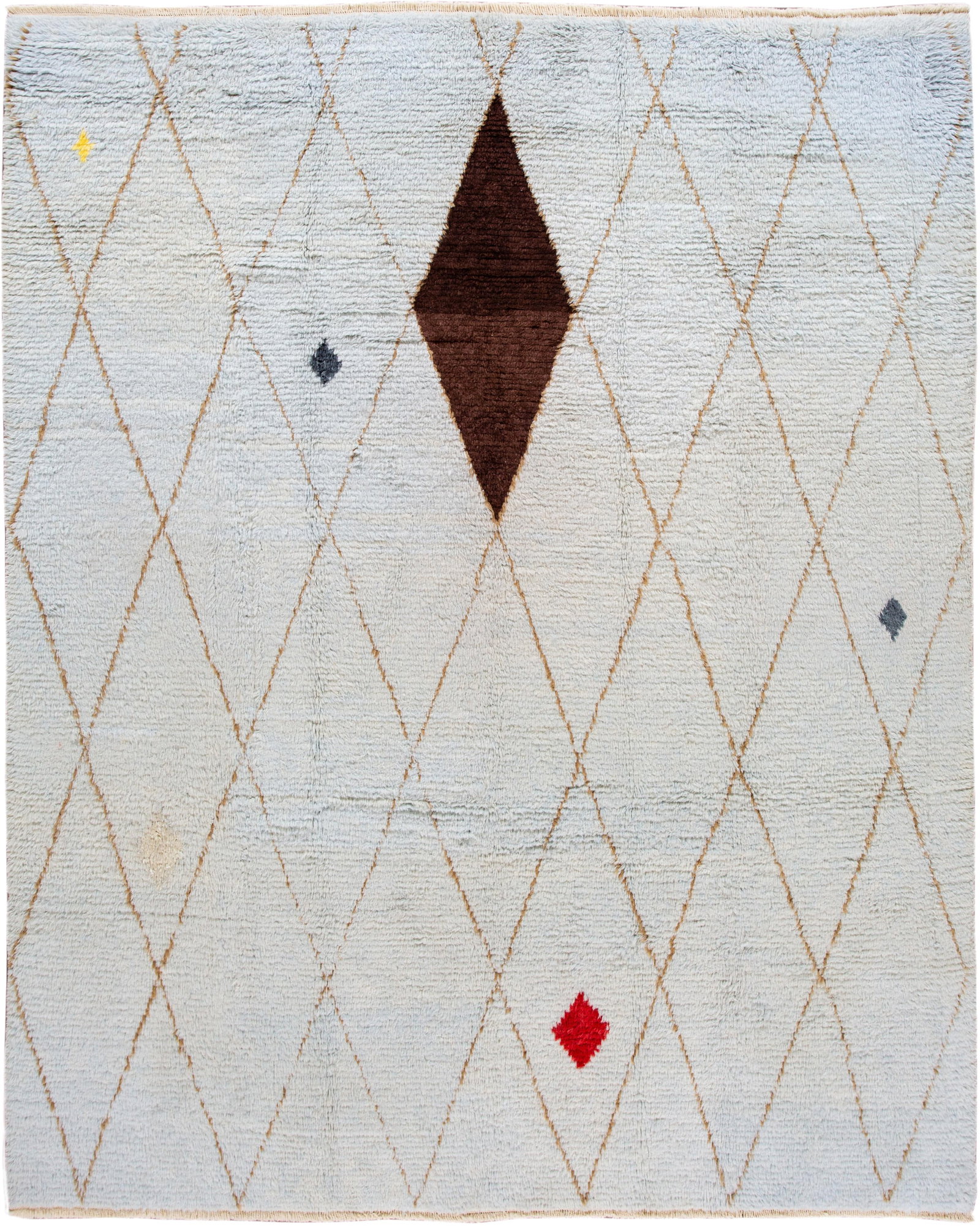 Contemporary Hand-Knotted Moroccan Wool Rug 9'8 x 12'2: Contemporary Hand-Knotted Moroccan Wool Rug 9'8 x 12'2 Enhance your living space with this stunning 21st Century Modern Moroccan-Style Wool Rug. Expertly hand-knotted, this rug features a light blue f