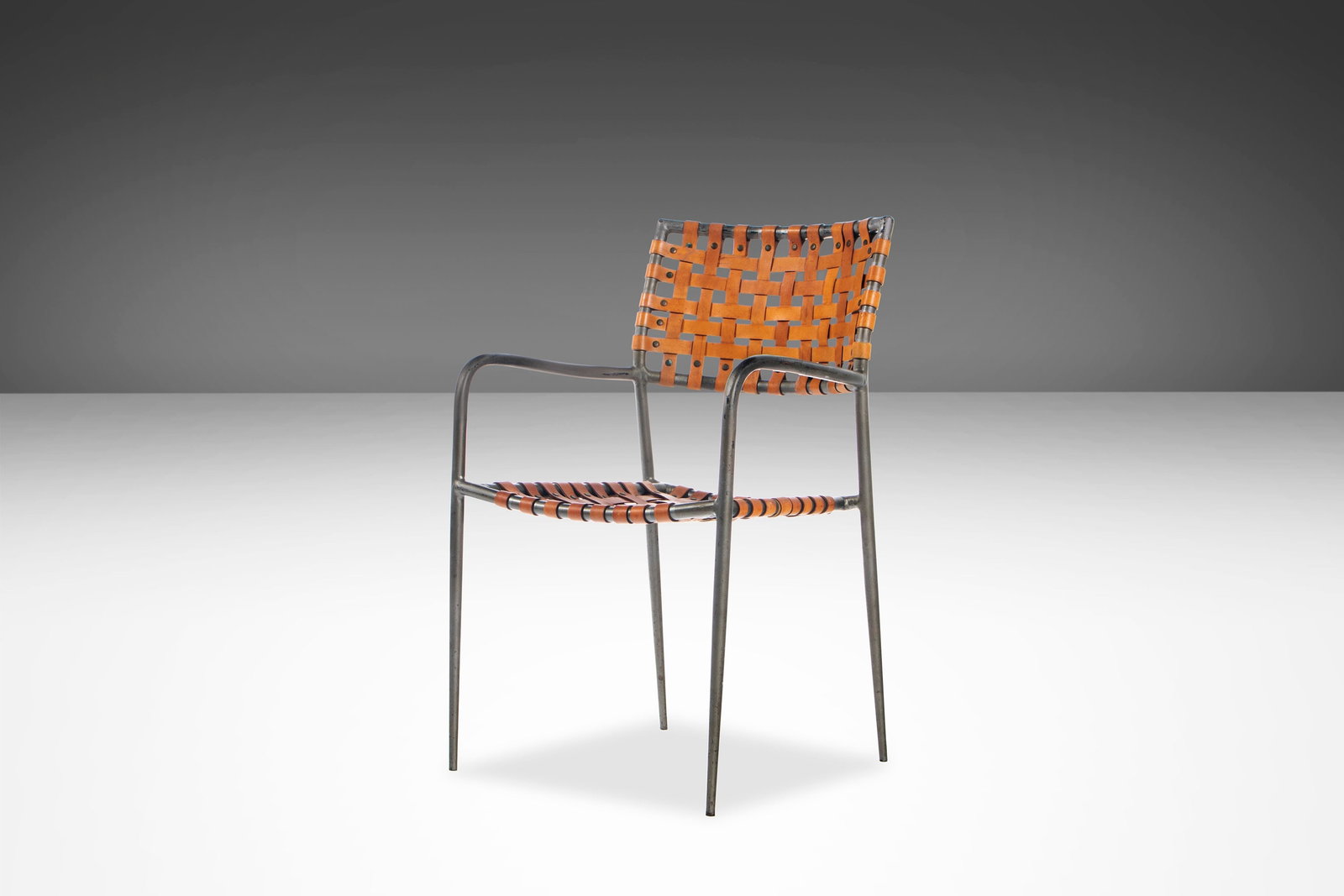 1970s Italian Modern Patinaed Metal Leather Strap Armchair (1 of 10)
