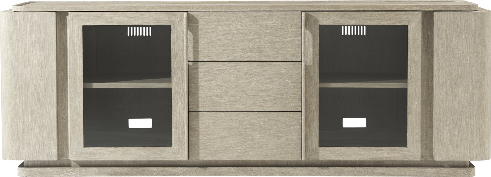 Theodore Alexander Gray Oak Media Console with Glass Doors: Theodore Alexander Gray Oak Media Console with Glass Doors Introducing a stylish Gray Oak Media Console, expertly crafted by Theodore Alexander. This piece features elegant glass doors, providing both