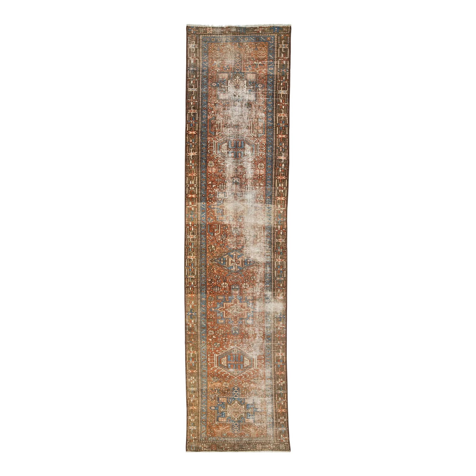 20th Century Hand-Knotted Heriz Wool Runner Tribal Design: 20th Century Hand-Knotted Heriz Wool Runner Tribal Design Enhance your space with this stunning 20th-century Heriz hand-knotted wool runner. Featuring a rich rust-orange field, this exquisite piece sh