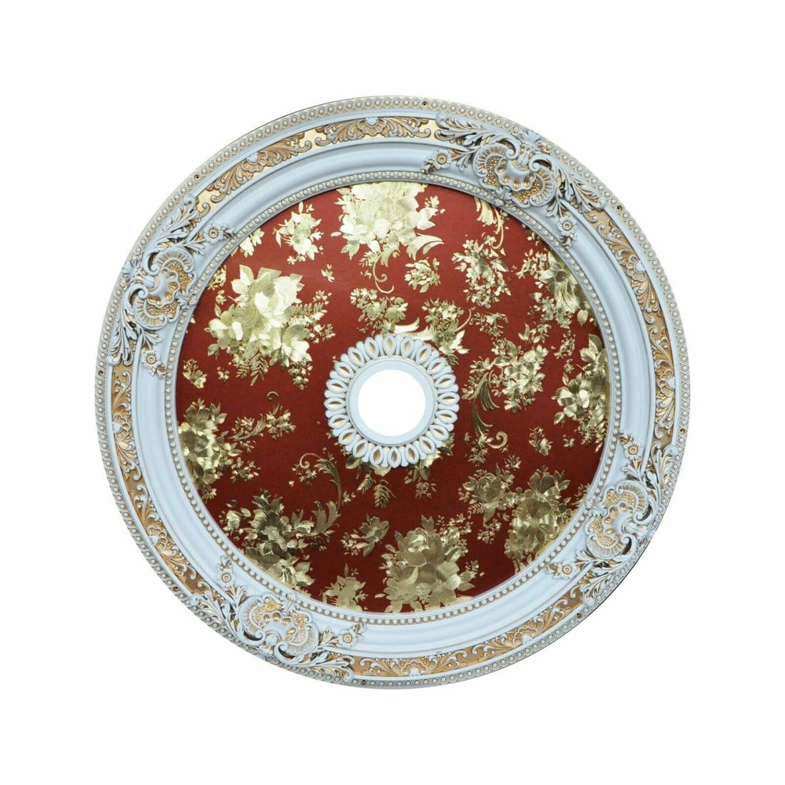 Artistry 36 Inch Round Red Flower Ceiling Medallion: Artistry 36 Inch Round Red Flower Ceiling Medallion This 36-inch round ceiling medallion features a decorative design with red flowers and flowing leaves, accented by beaded borders for an elegant tou