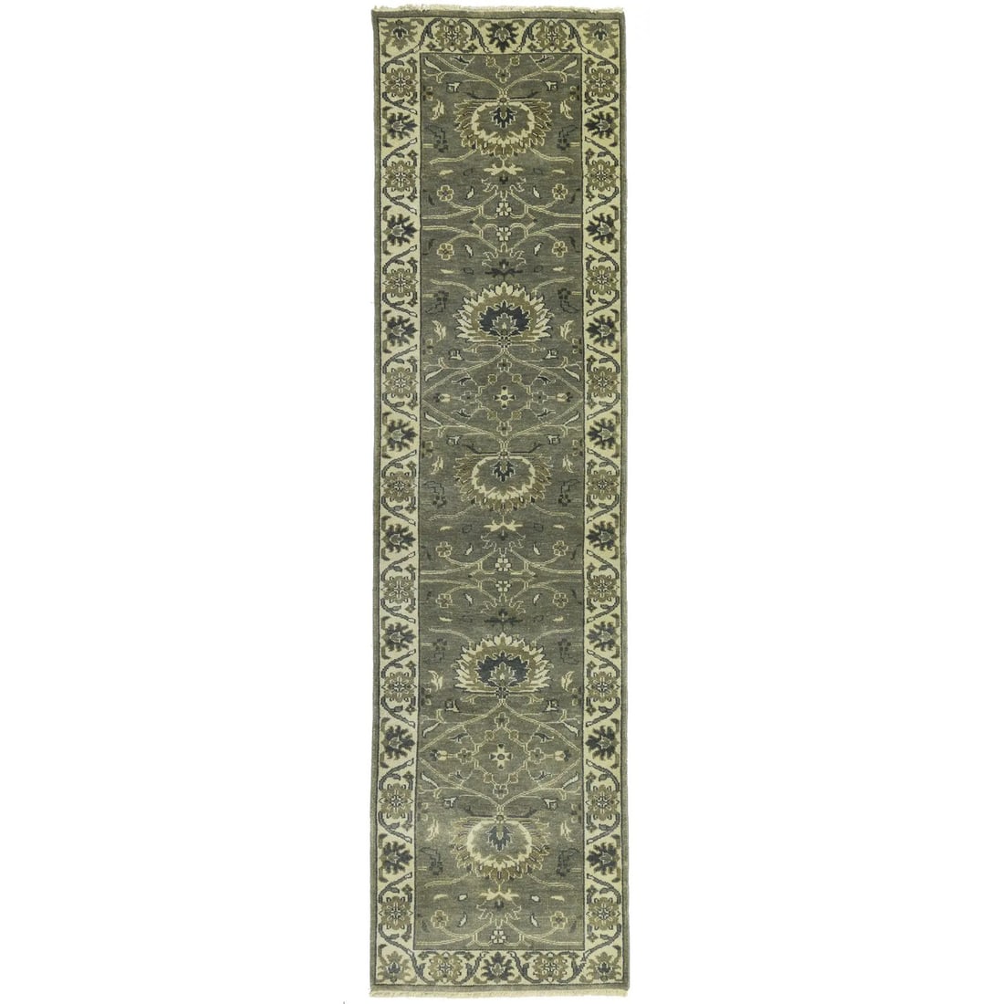 Hand Knotted Wool Oushak Chobi Floral Runner 2'6 x 9'8: Hand Knotted Wool Oushak Chobi Floral Runner 2'6 x 9'8 This exquisite Handmade Oushak Chobi Floral Oriental Runner Rug is a stunning addition to any space, featuring a modern floral pattern in a beaut