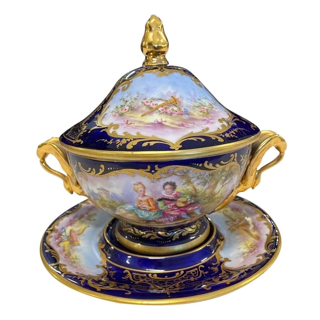 19th Century French Sevres Cobalt Porcelain Courting Scene Dish (1 of 10)