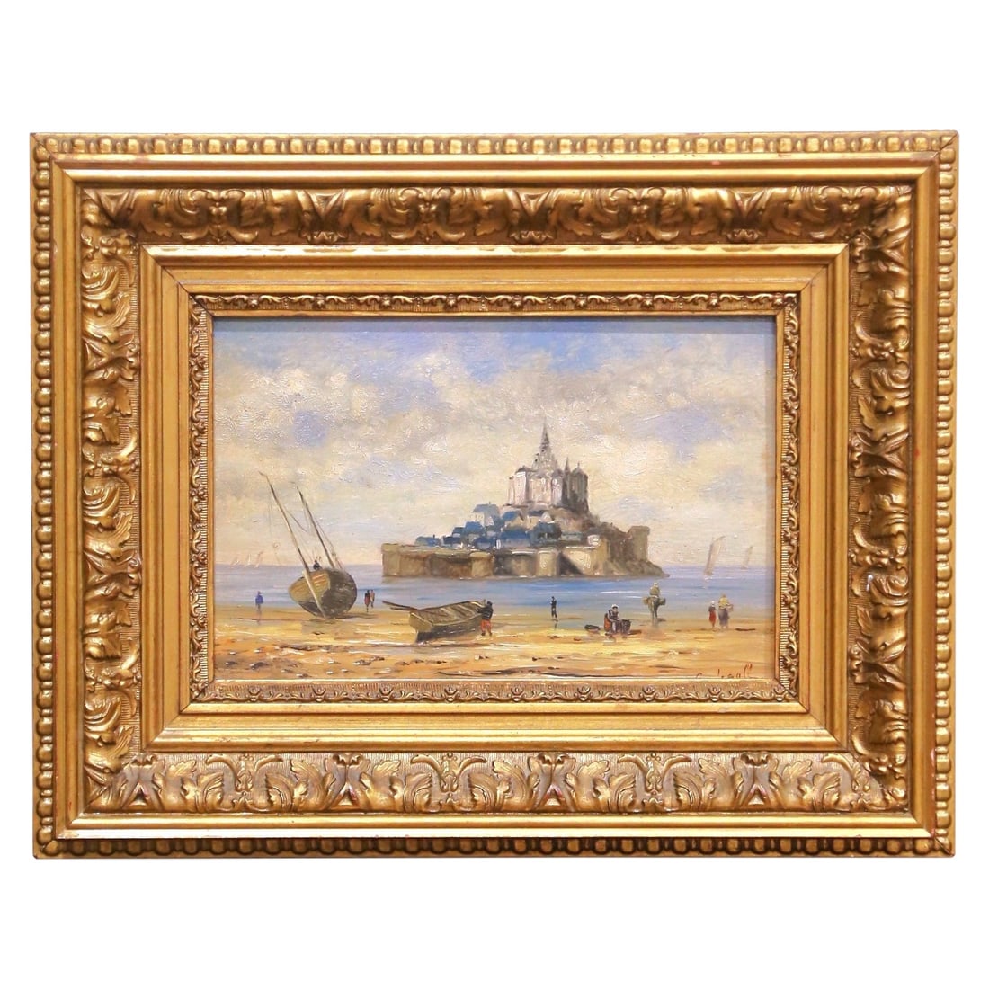French Mont Saint Michel oil painting in giltwood frame: French Mont Saint Michel oil painting in giltwood frame This early 20th-century French oil painting on board captures the iconic Mont Saint-Michel, with the abbey rising above the island and figures a