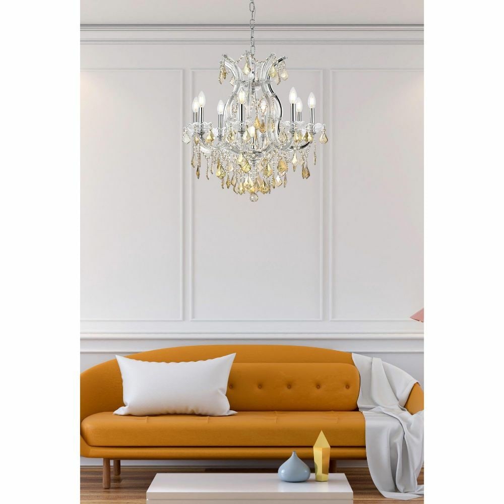 Maria Theresa 9 Light Chrome Crystal Chandelier 26 inch Golden Teak: Maria Theresa 9 Light Chrome Crystal Chandelier 26 inch Golden Teak This Maria Theresa crystal chandelier features a classic round design with golden teak (smoky) royal cut crystals and a polished chr